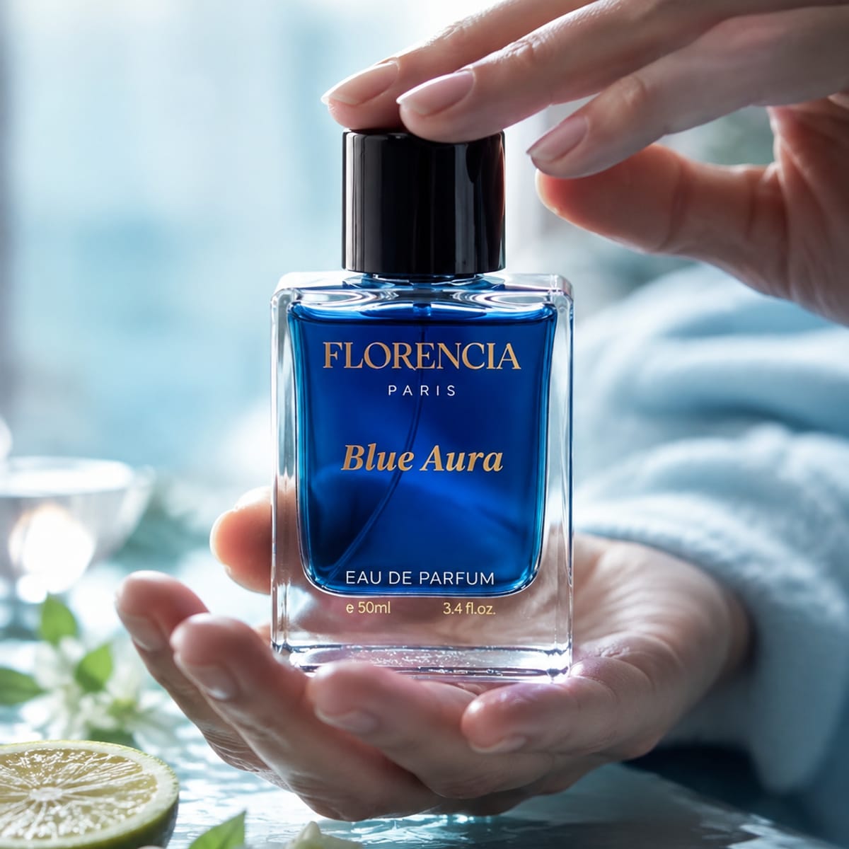 Florencia Blue Aura — Bottle in hand